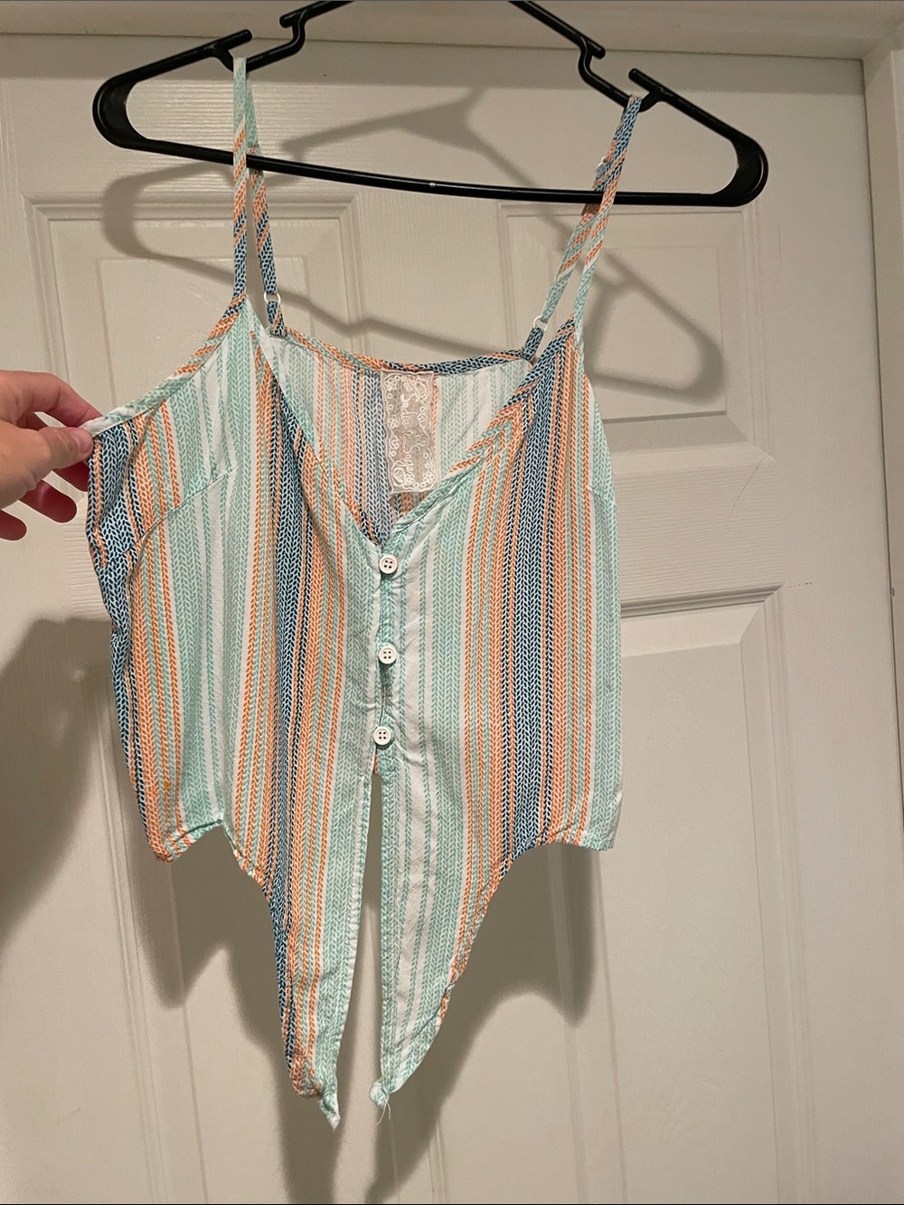 Sadie & Sage Mint, Coral & Navy Striped Tie-Front Crop Tank